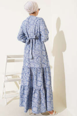Kol ve Yaka Ribanalı Desenli Elbise Indıgo - Tesettür Elbise