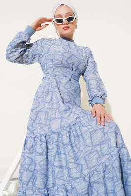 Kol ve Yaka Ribanalı Desenli Elbise Indıgo - Tesettür Elbise