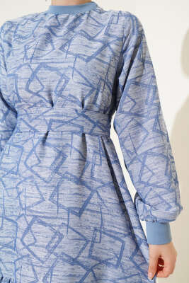 Kol ve Yaka Ribanalı Desenli Elbise Indıgo - Tesettür Elbise