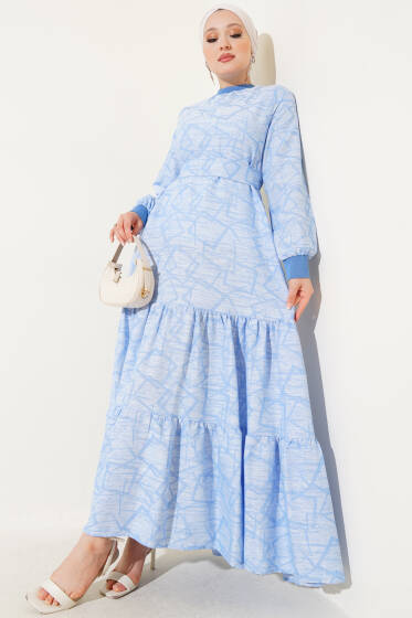 Kol ve Yaka Ribanalı Desenli Elbise Mavi - Elbise