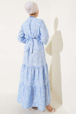 Kol ve Yaka Ribanalı Desenli Elbise Mavi - Tesettür Elbise