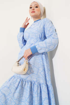 Kol ve Yaka Ribanalı Desenli Elbise Mavi - Tesettür Elbise