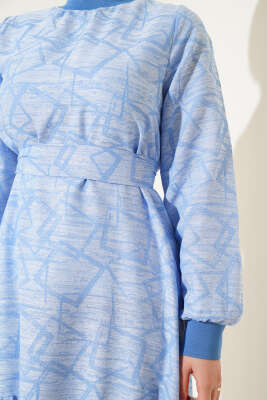 Kol ve Yaka Ribanalı Desenli Elbise Mavi - Tesettür Elbise