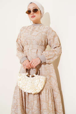 Kol ve Yaka Ribanalı Desenli Elbise Bej - Tesettür Elbise