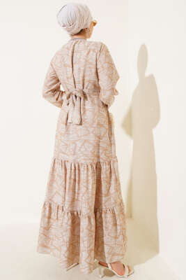 Kol ve Yaka Ribanalı Desenli Elbise Bej - Tesettür Elbise