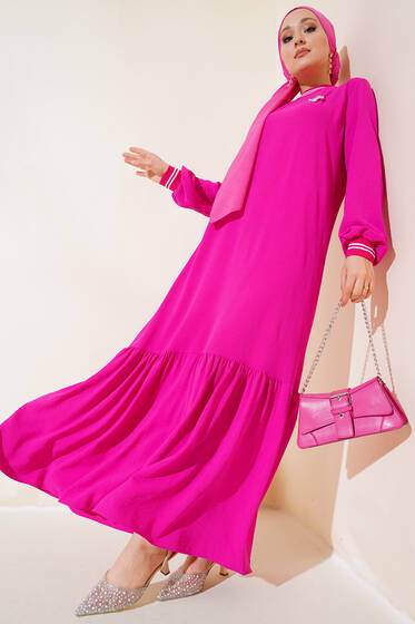 Kol Ve Yakası Ribanalı Elbise Fuşya - Tesettür Elbise