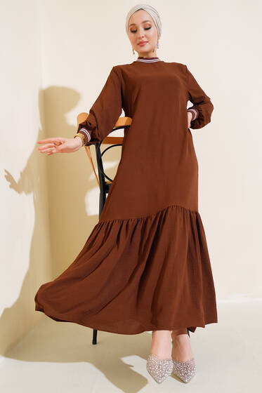 Kol Ve Yakası Ribanalı Elbise Kahve - Tesettür Elbise