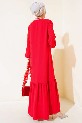 Kol Ve Yakası Ribanalı Elbise Kırmızı - Thumbnail