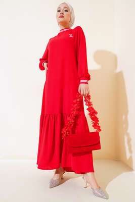 Kol Ve Yakası Ribanalı Elbise Kırmızı 