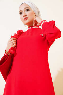 Kol Ve Yakası Ribanalı Elbise Kırmızı - Tesettür Elbise