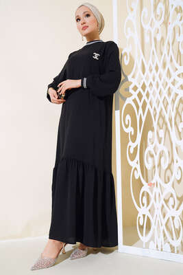 Kol Ve Yakası Ribanalı Elbise Siyah - Thumbnail