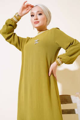 Kol Ve Yakası Ribanalı Elbise Yağ Yeşili - Thumbnail