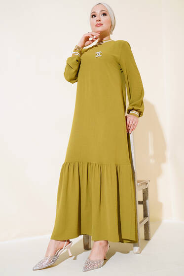 Kol Ve Yakası Ribanalı Elbise Yağ Yeşili - Tesettür Elbise