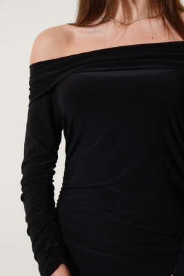 Kol ve Yan Büzgülü Midi Elbise Siyah - Kadın Giyim Modelleri