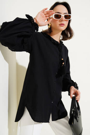 Kol Yaka Dantelli Püsküllü Gömlek Siyah - Gömlek