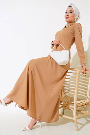 Kol Yaka İncili Elbise Taba - Elbise