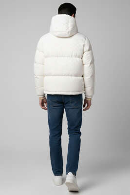 Kol Yazılı Kapüşonlu Şişme Erkek Mont Beyaz - Erkek Mont