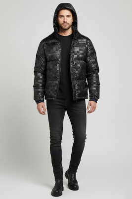 Kol Yazılı Kapüşonlu Şişme Erkek Mont Siyah - Erkek Mont