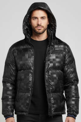 Kol Yazılı Kapüşonlu Şişme Erkek Mont Siyah - EKSİ BİR