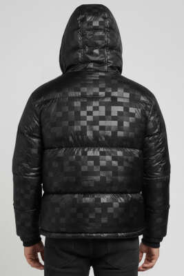 Kol Yazılı Kapüşonlu Şişme Erkek Mont Siyah - Erkek Mont