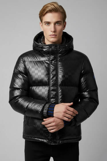 Kol Yazılı Kapüşonlu Şişme Erkek Mont Siyah - Erkek Mont