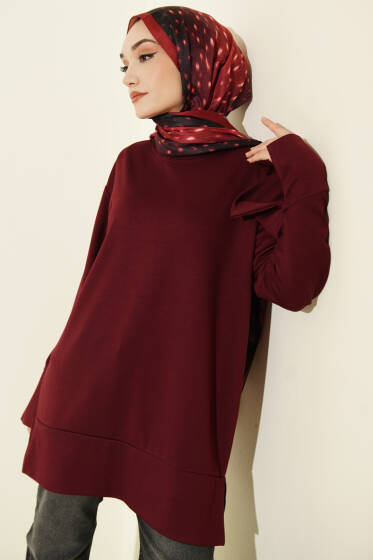 Kol Yırtmaçlı Loyşa Tunik Bordo - Tunik