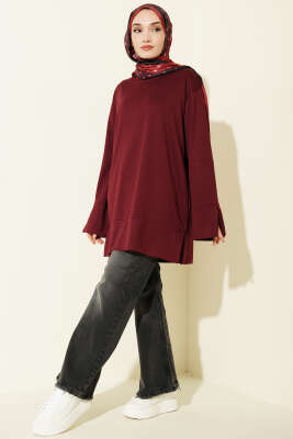 Kol Yırtmaçlı Loyşa Tunik Bordo - Tunik