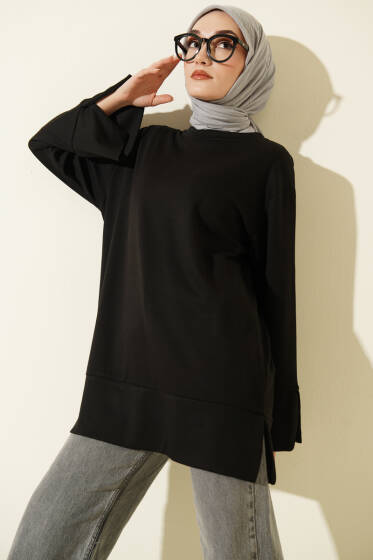 Kol Yırtmaçlı Loyşa Tunik Siyah - Tunik