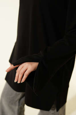 Kol Yırtmaçlı Loyşa Tunik Siyah - Tunik