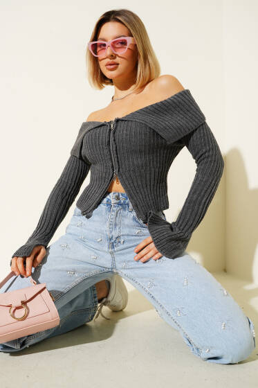 Kol Yırtmaçlı Triko Hırka Füme - Kadın Giyim Modelleri