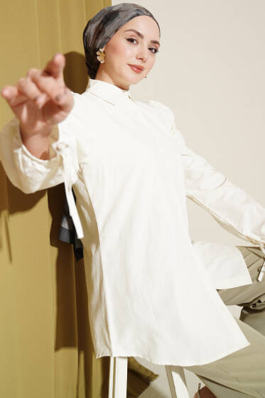 Kolları Bağcık Detaylı Gömlek Ekru - Gömlek