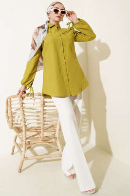 Kolları Bağcık Detaylı Gömlek Yağ Yeşili - Gömlek