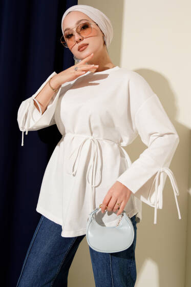 Kolları Bağcıklı İki İpli Tunik Beyaz - Tunik