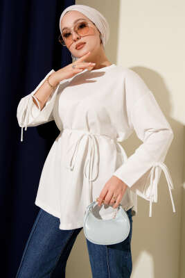 Kolları Bağcıklı İki İpli Tunik Beyaz - ELFİDA TEKSTİL