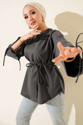 Kolları Bağcıklı İki İpli Tunik Füme - ELFİDA TEKSTİL