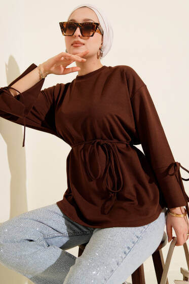 Kolları Bağcıklı İki İpli Tunik Kahve - Tunik