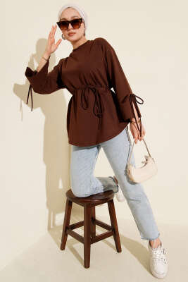 Kolları Bağcıklı İki İpli Tunik Kahve - Tunik
