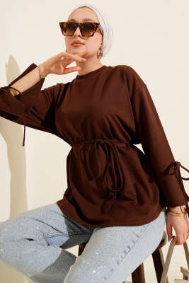 Kolları Bağcıklı İki İpli Tunik Kahve - ELFİDA TEKSTİL
