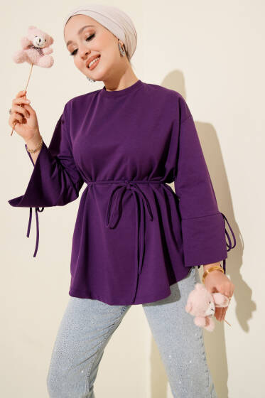 Kolları Bağcıklı İki İpli Tunik Mor - Tunik