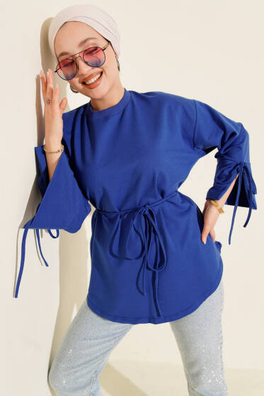 Kolları Bağcıklı İki İpli Tunik Saks - Tunik