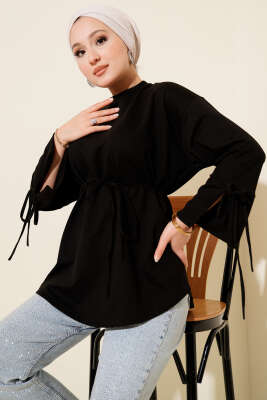 Kolları Bağcıklı İki İpli Tunik Siyah - ELFİDA TEKSTİL