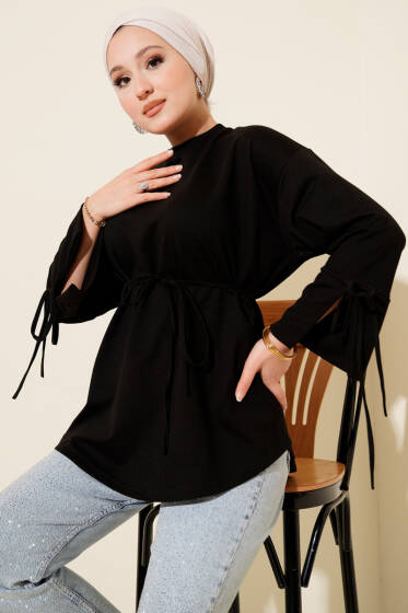 Kolları Bağcıklı İki İpli Tunik Siyah - Tunik