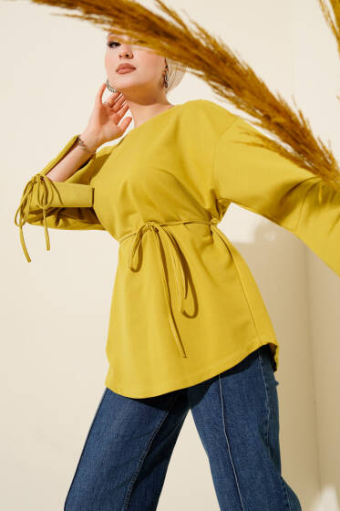 Kolları Bağcıklı İki İpli Tunik Yağ Yeşili - Tunik