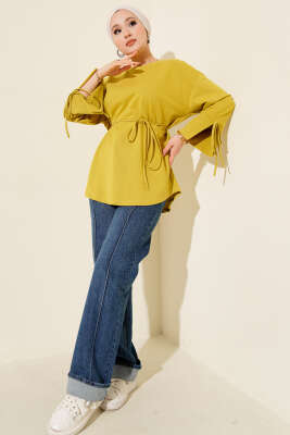 Kolları Bağcıklı İki İpli Tunik Yağ Yeşili - Tunik