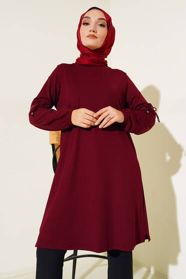Kolları Bağcıklı Uzun Tunik Bordo - Tunik