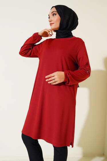 Kolları Bağcıklı Uzun Tunik Kiremit - Tunik