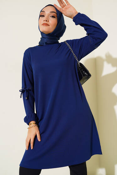 Kolları Bağcıklı Uzun Tunik Lacivert - Tunik