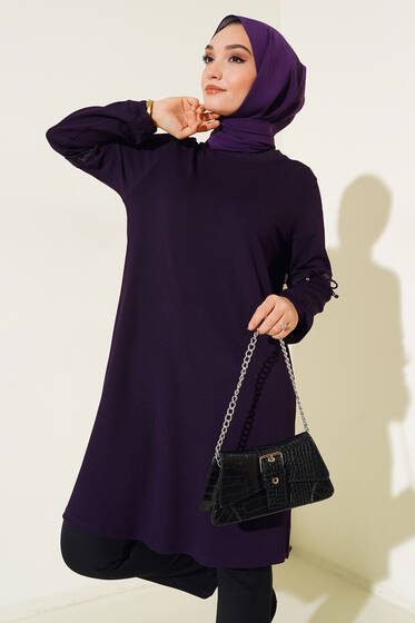 Kolları Bağcıklı Uzun Tunik Mürdüm - Tunik
