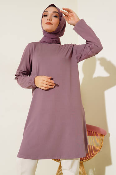 Kolları Bağcıklı Uzun Tunik Pudra - Tunik