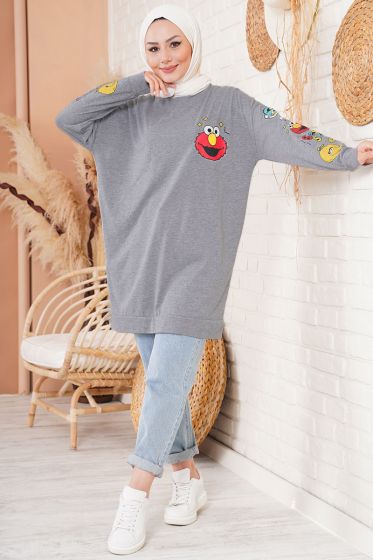 Kolları Baskılı Gri Tunik - Uzun Tunik